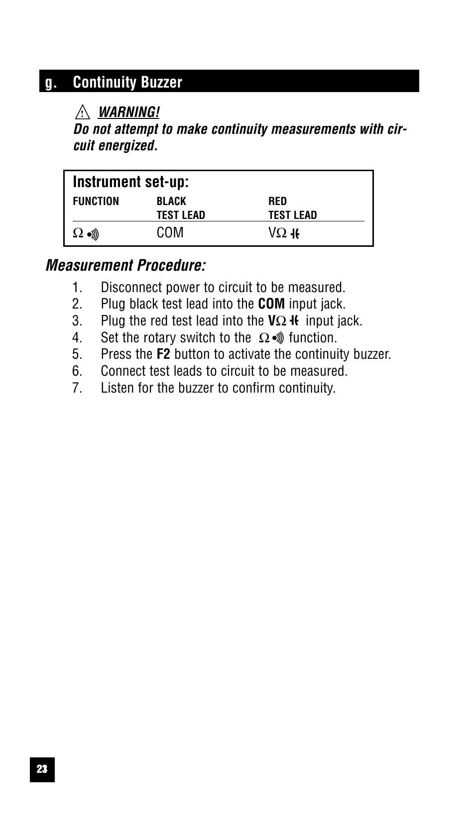 G. continuity buzzer, Instrument set-up, Measurement procedure | Test Products International 440 User Manual | Page 22 / 46