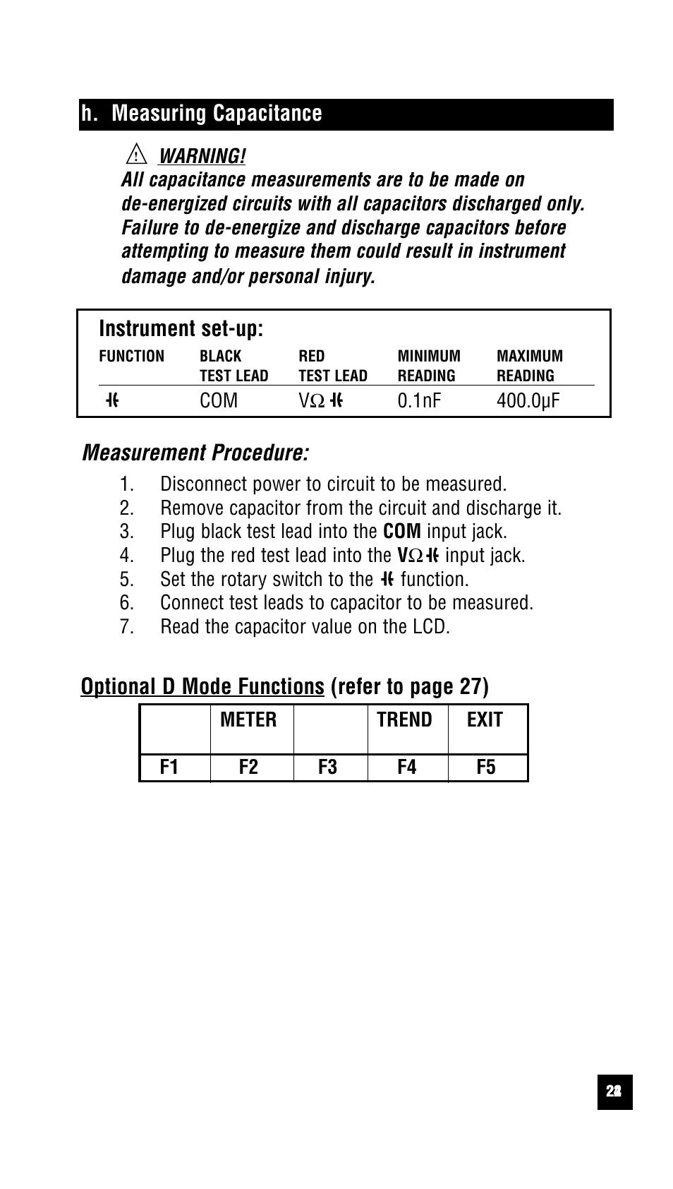 H. measuring capacitance, Instrument set-up, Measurement procedure | Optional d mode functions (refer to page 27) | Test Products International 440 User Manual | Page 23 / 46
