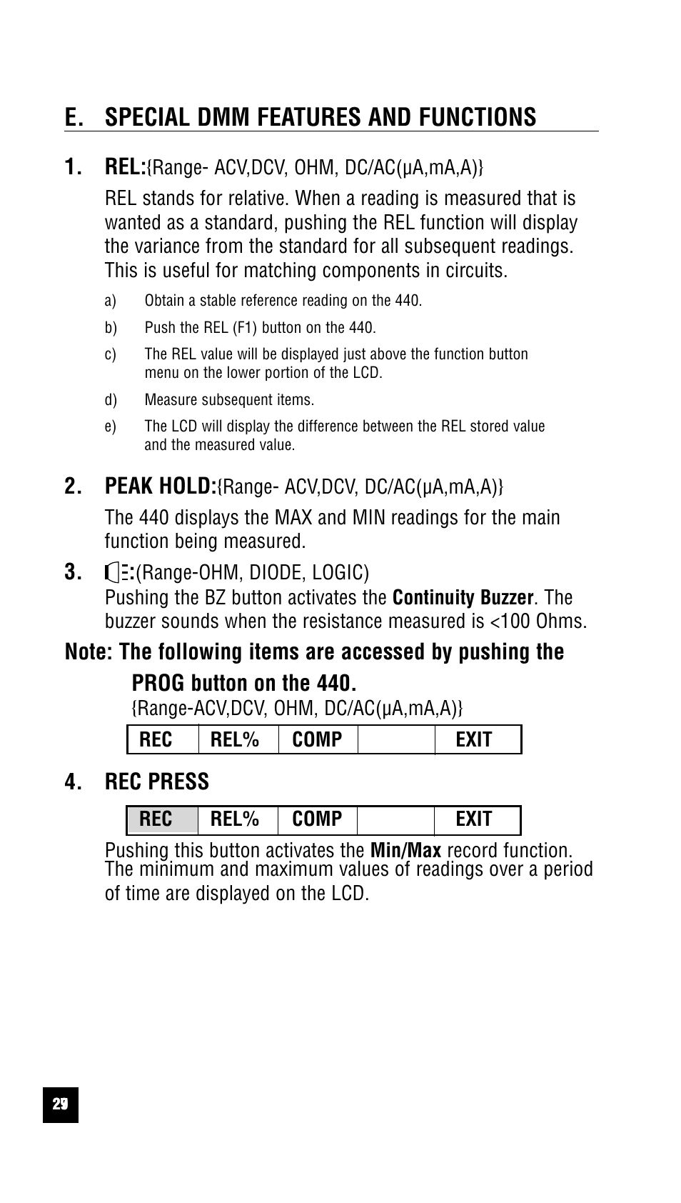 E. special dmm features and functions, Peak hold, Rec press | Test Products International 440 User Manual | Page 28 / 46