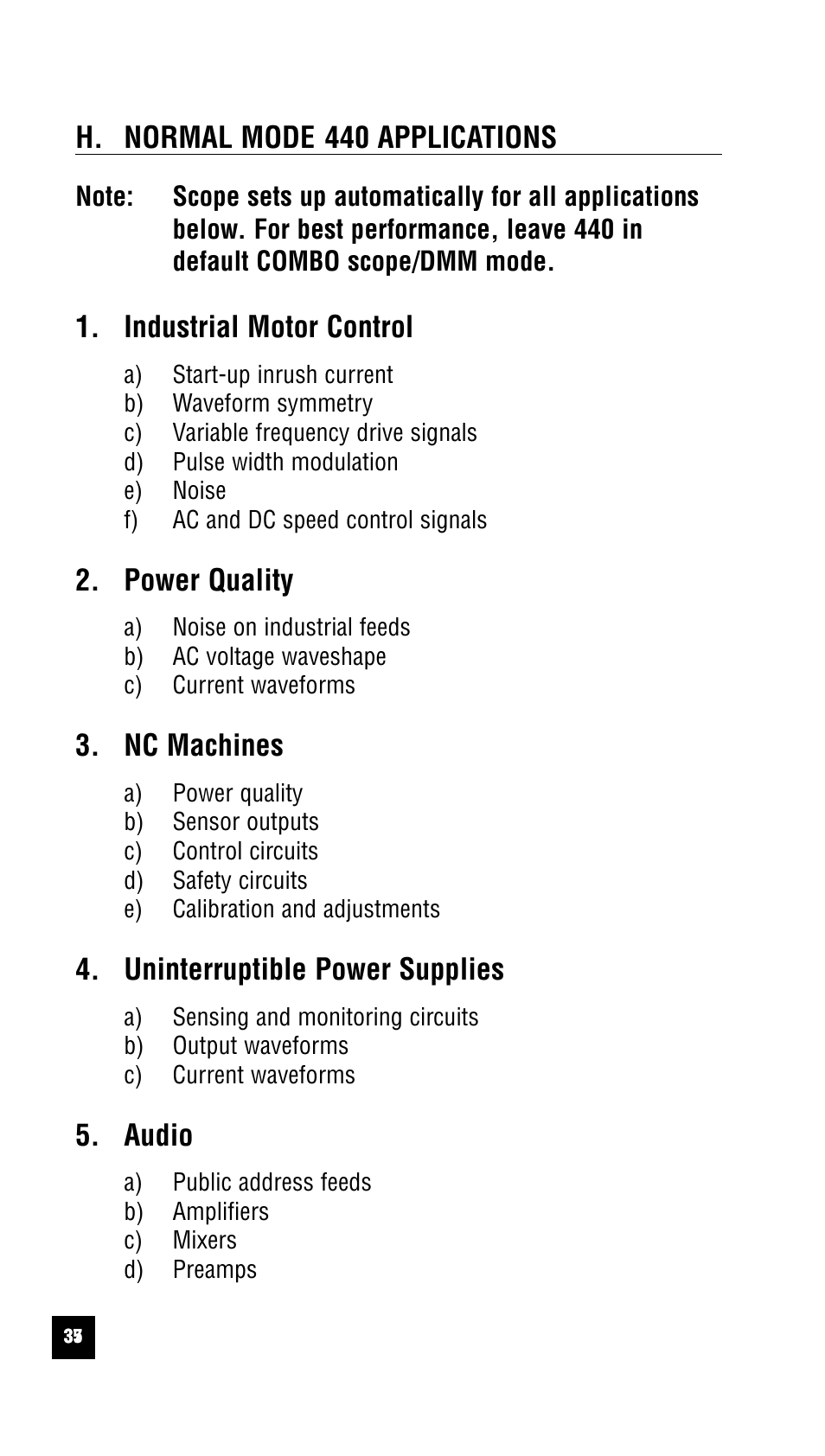 H. normal mode 440 applications, Industrial motor control, Power quality | Nc machines, Uninterruptible power supplies, Audio | Test Products International 440 User Manual | Page 36 / 46