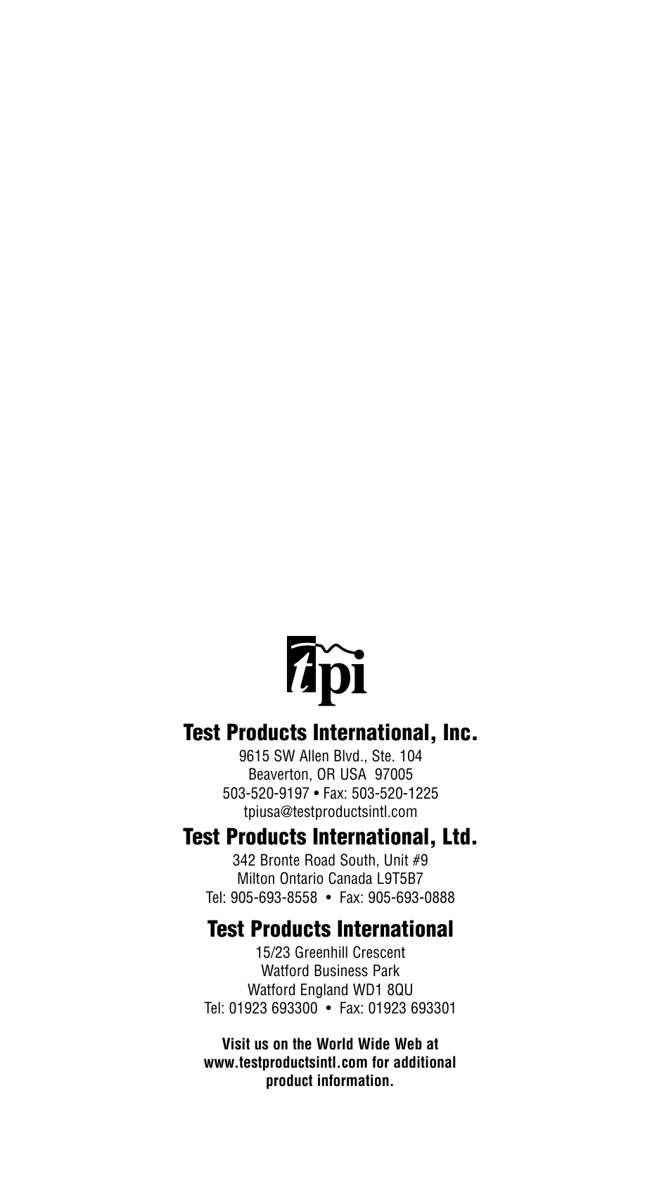 Test products international, inc, Test products international, Test products international, ltd | Test Products International 440 User Manual | Page 46 / 46