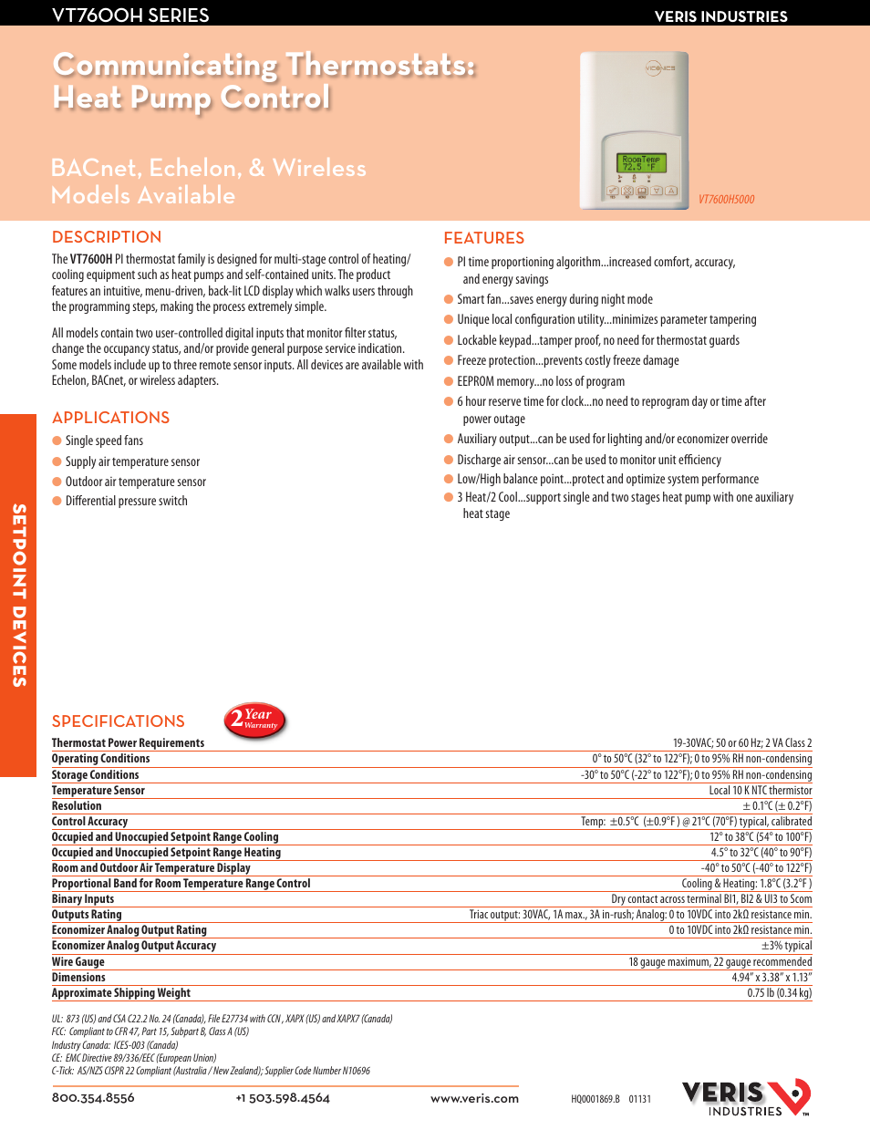 Veris Industries VT7600H SERIES Datasheet User Manual | 2 pages