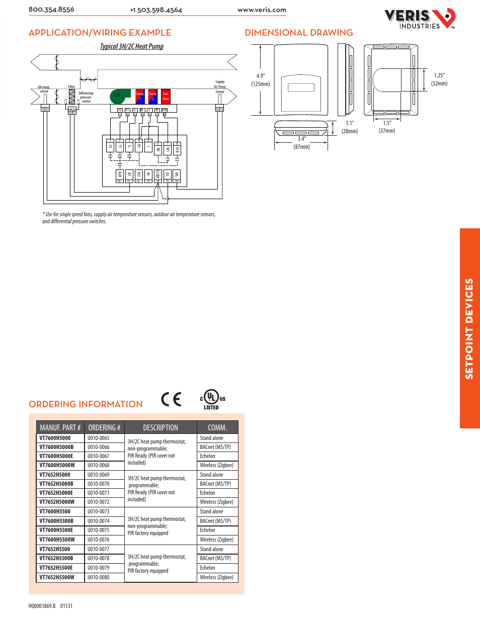 Setp oint de vices, Dimensional drawing, Application/wiring example | Ordering information, Manuf. part # ordering # description comm, Typical 3h/2c heat pump | Veris Industries VT7600H SERIES Datasheet User Manual | Page 2 / 2