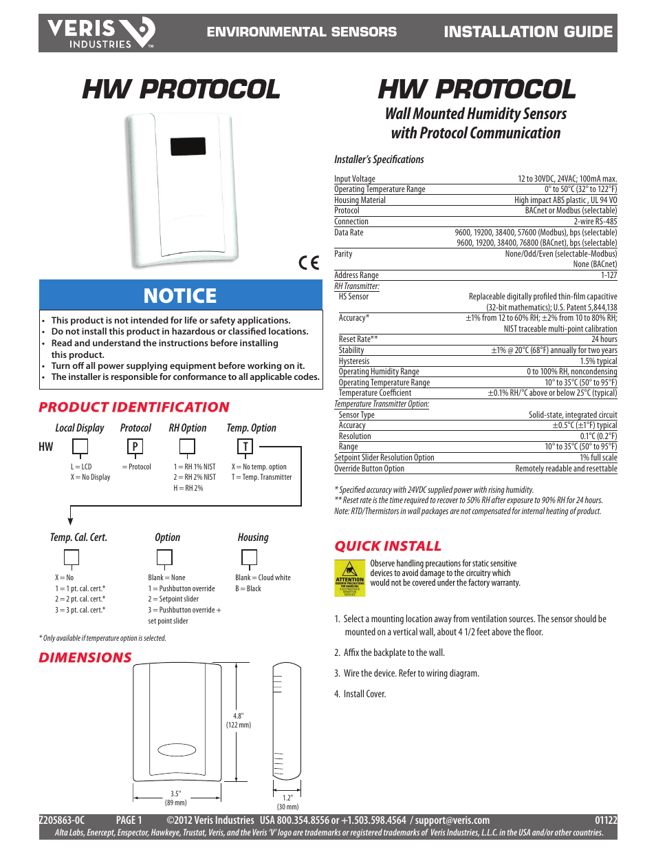 Veris Industries HW PROTOCOL SERIES Install User Manual | 4 pages