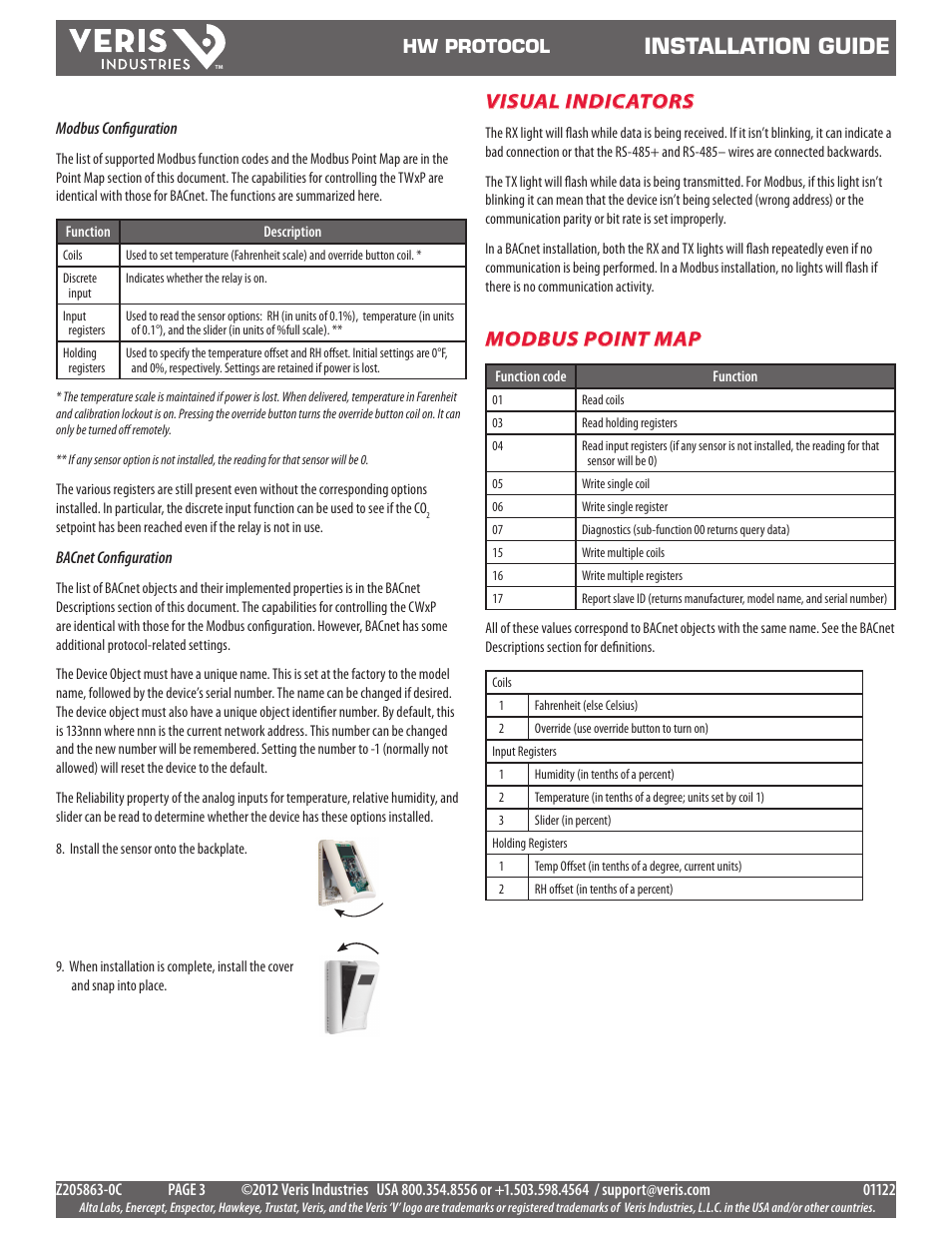 Installation guide, Visual indicators, Modbus point map | Veris Industries HW PROTOCOL SERIES Install User Manual | Page 3 / 4