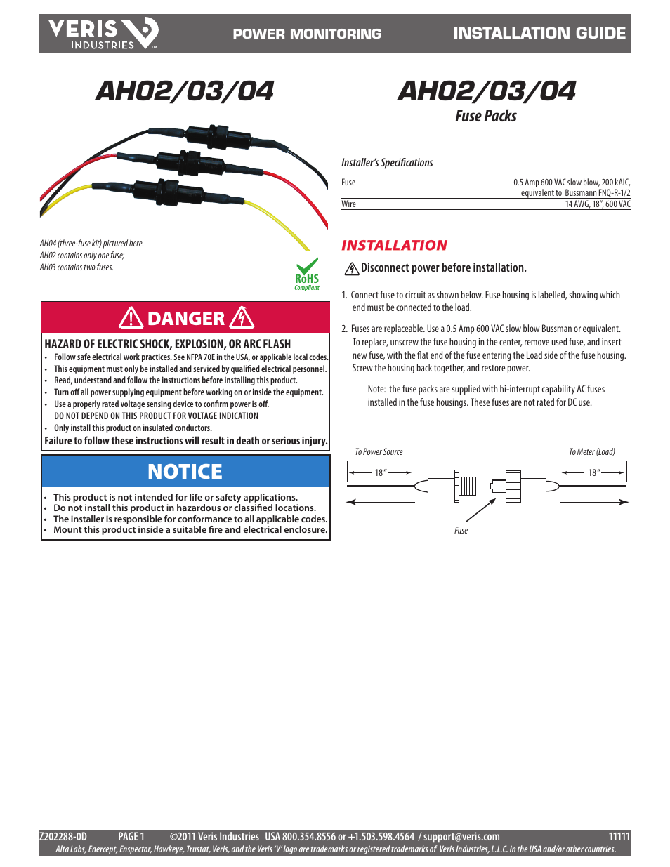 Veris Industries AH04 Install User Manual | 1 page