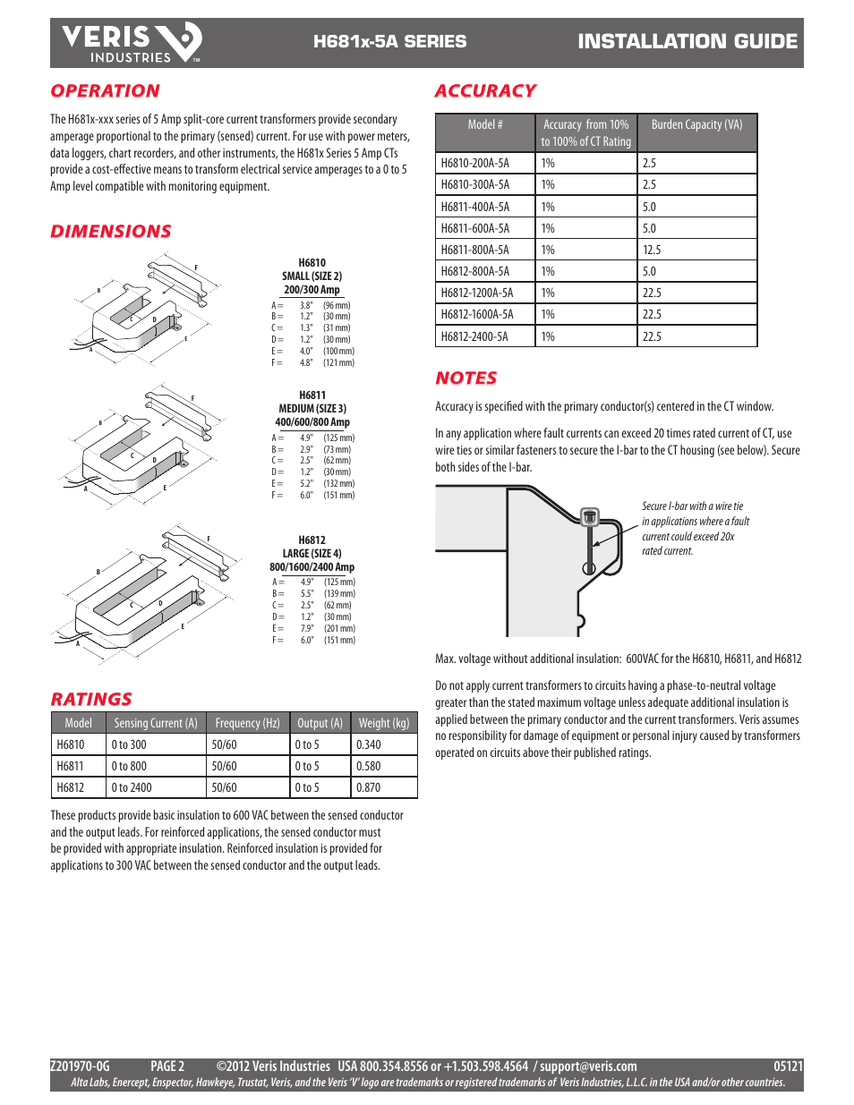 Installation guide, Operation, Ratings | Accuracy, Dimensions, H681x-5a series | Veris Industries H681x-5A SERIES Install User Manual | Page 2 / 2