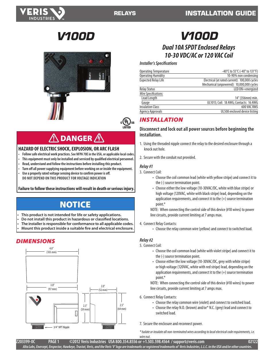 Veris Industries V100D Install User Manual | 2 pages
