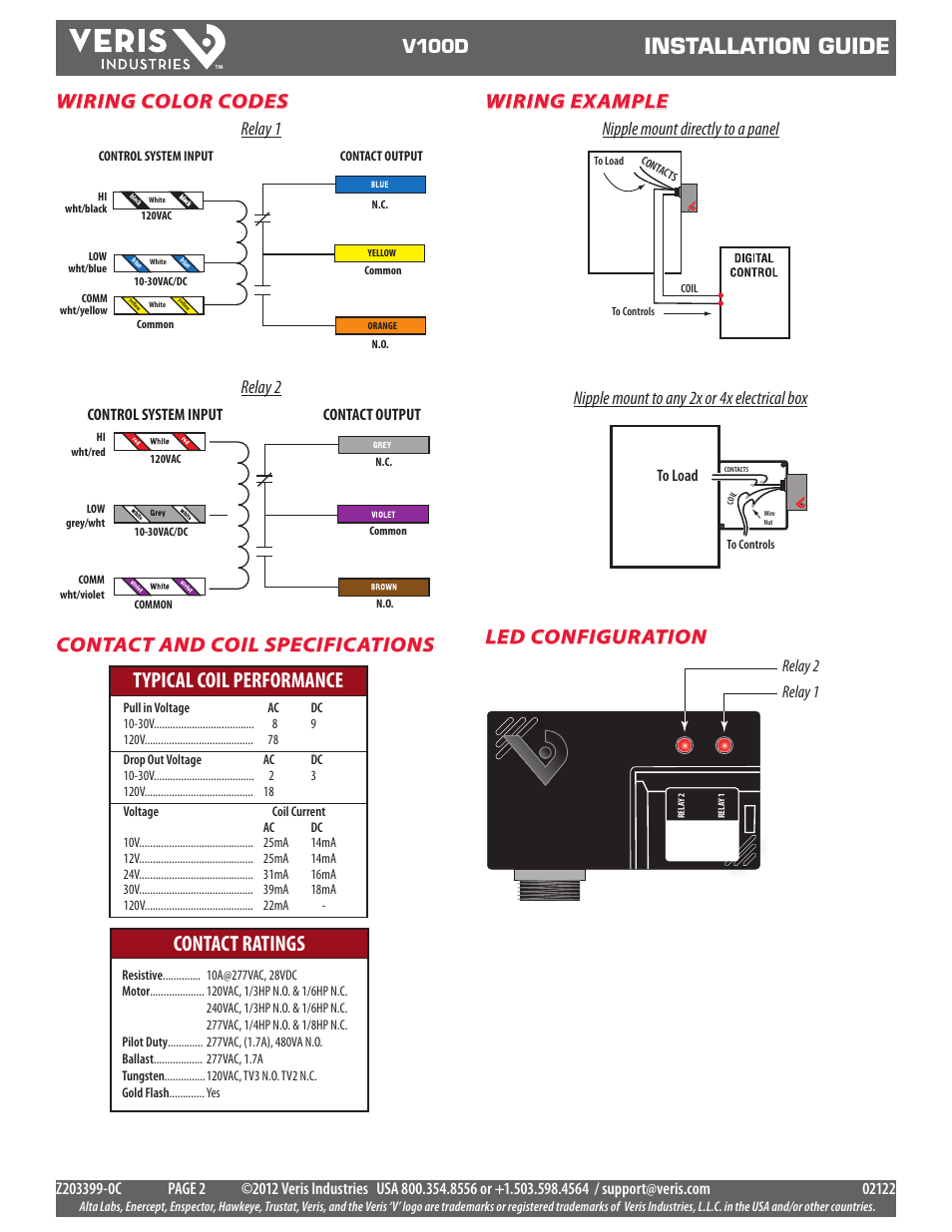 Installation guide, Typical coil performance contact ratings, Wiring example | Wiring color codes contact and coil specifications, Led configuration, V100d, Relay 1 relay 2, Relay 2 relay 1, Contact output control system input | Veris Industries V100D Install User Manual | Page 2 / 2