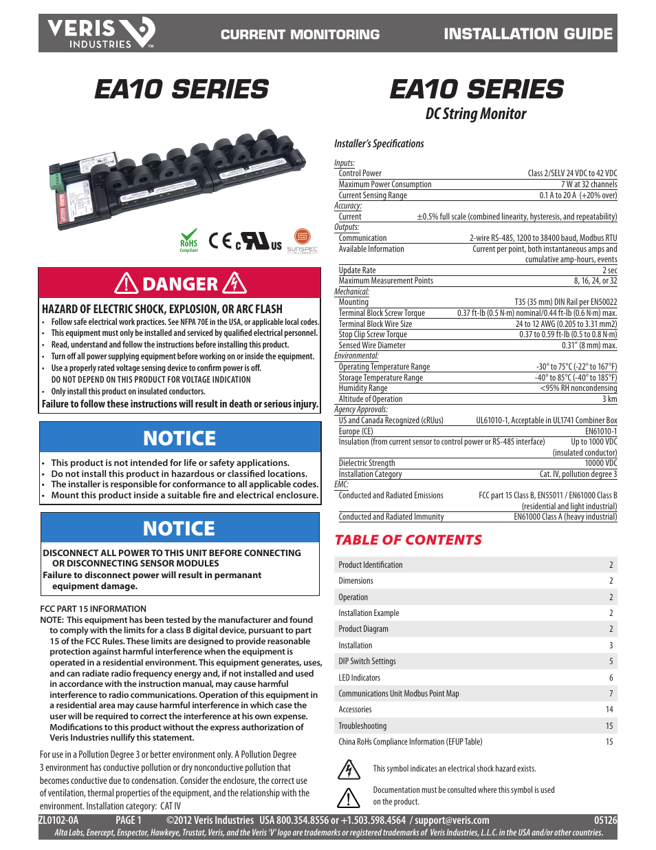Veris Industries EA10 SERIES Install User Manual | 15 pages