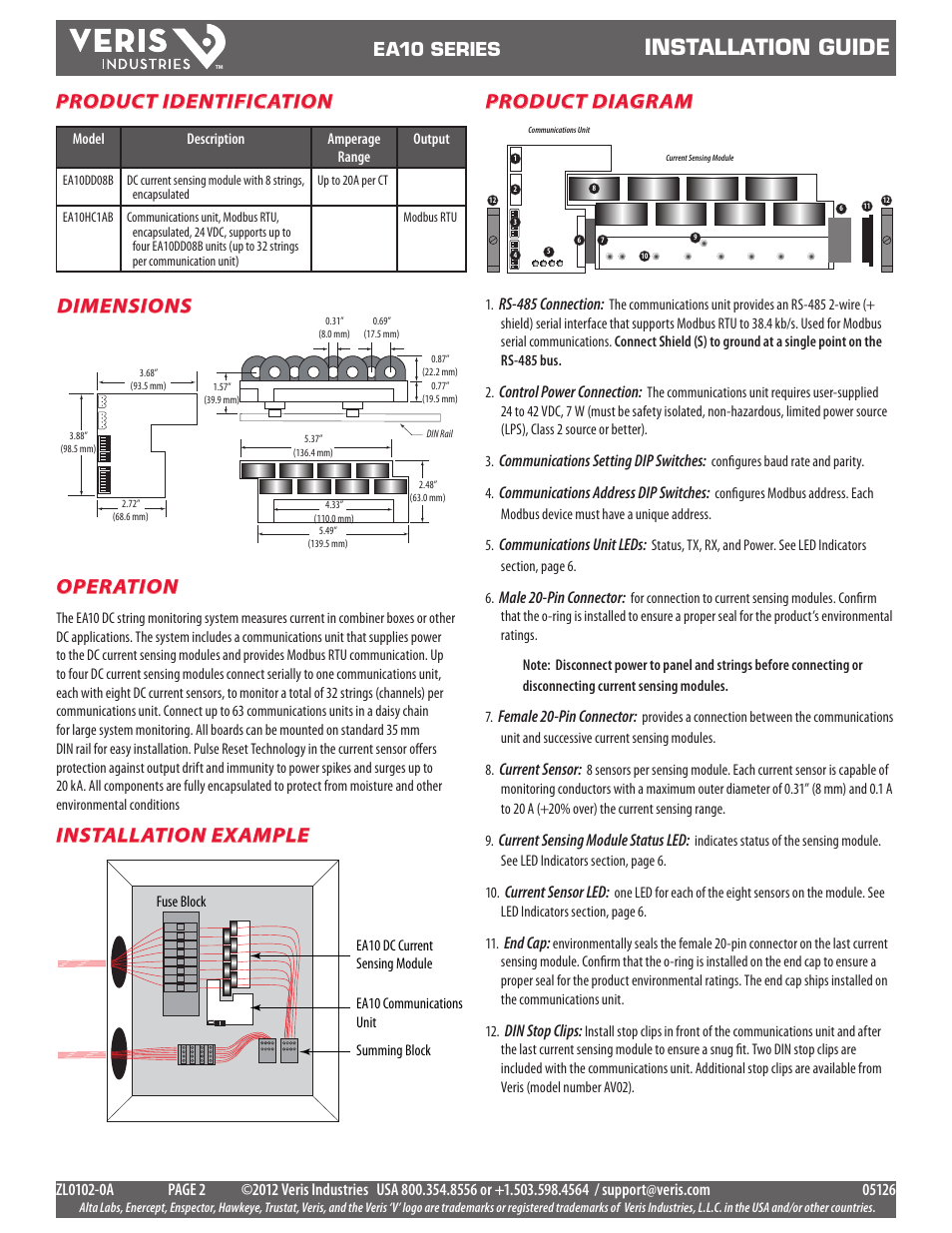 Installation guide, Operation, Product diagram | Installation example, Dimensions, Product identification, Ea10 series | Veris Industries EA10 SERIES Install User Manual | Page 2 / 15