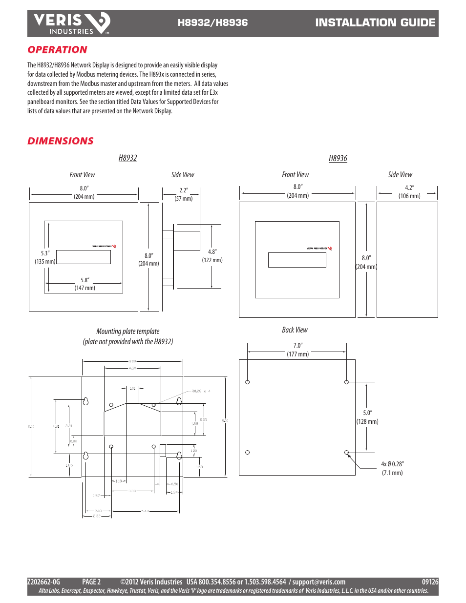 Installation guide, Dimensions, Operation | Veris Industries H8936 Install User Manual | Page 2 / 13