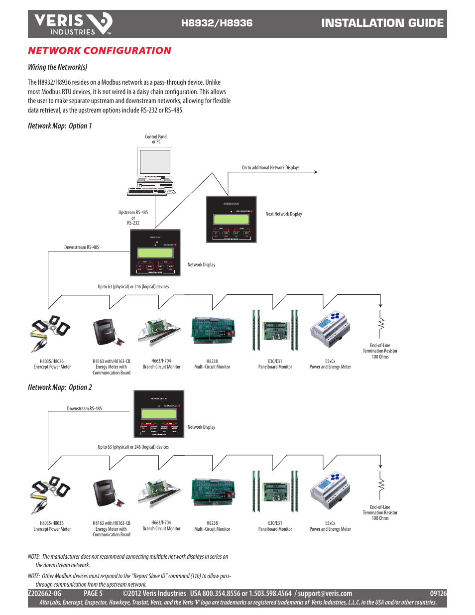 Installation guide, Network configuration, Wiring the network(s) | Network map: option 1, Network map: option 2, Next previous hold scroll | Veris Industries H8936 Install User Manual | Page 5 / 13