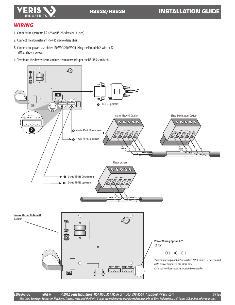 Installation guide, Wiring | Veris Industries H8936 Install User Manual | Page 6 / 13