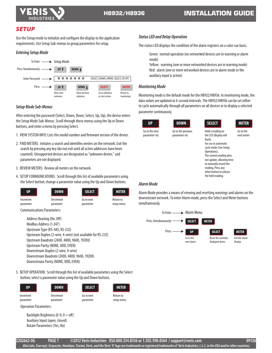 Installation guide, Setup, Entering setup mode | Setup mode sub-menus, Status led and relay operation, Monitoring mode, Alarm mode | Veris Industries H8936 Install User Manual | Page 7 / 13