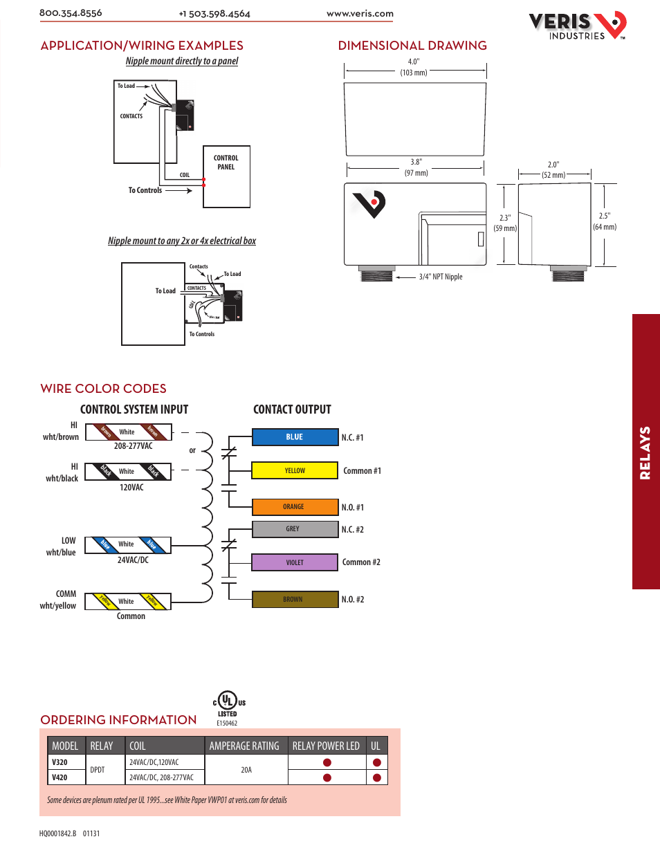 Rel ay s, Contact output control system input, Dimensional drawing application/wiring examples | Wire color codes, Ordering information | Veris Industries V320 Datasheet User Manual | Page 2 / 2