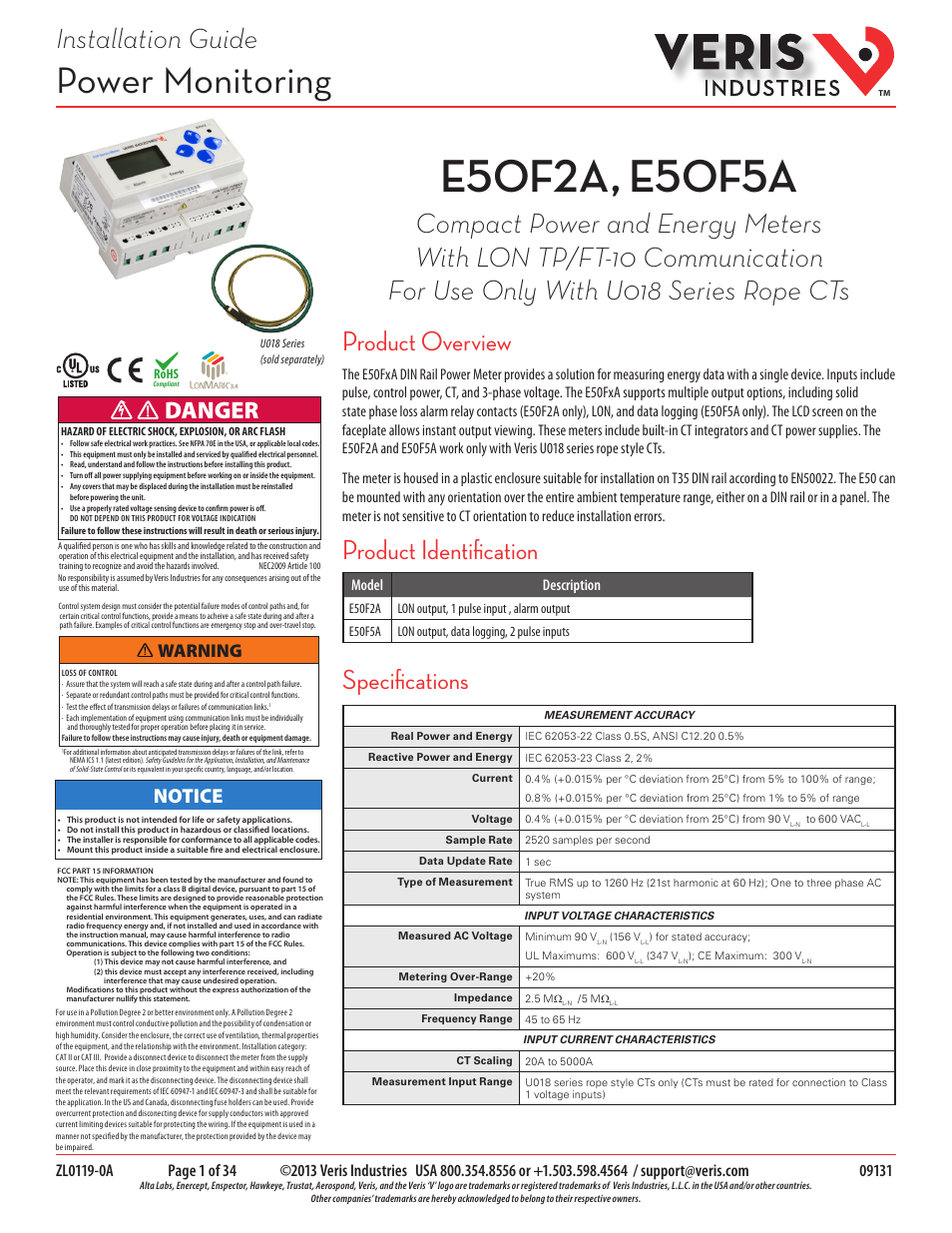 Veris Industries E50F5A Install User Manual | 34 pages