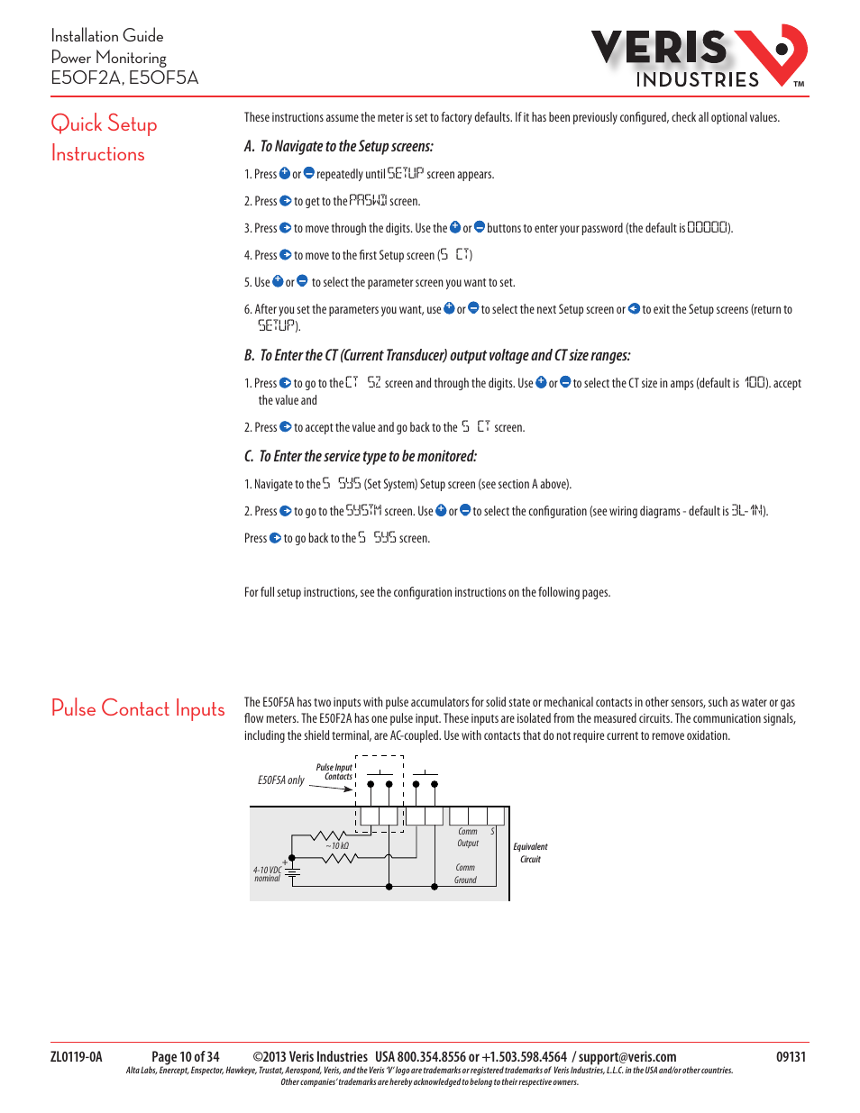 Quick setup instructions pulse contact inputs, A. to navigate to the setup screens, C. to enter the service type to be monitored | Veris Industries E50F5A Install User Manual | Page 10 / 34