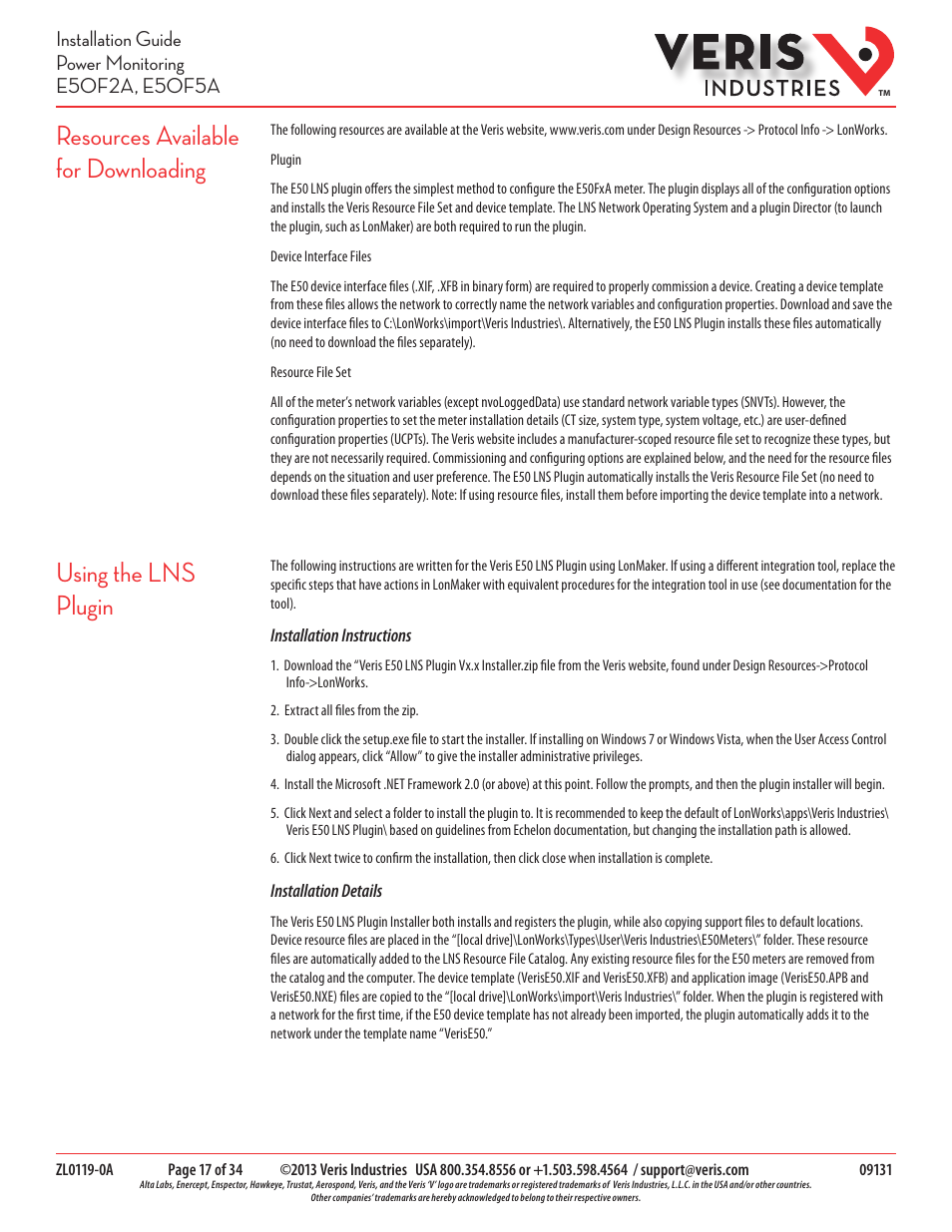 Resources available for downloading, Using the lns plugin | Veris Industries E50F5A Install User Manual | Page 17 / 34
