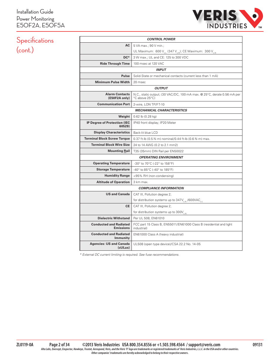 Specifications (cont.) | Veris Industries E50F5A Install User Manual | Page 2 / 34