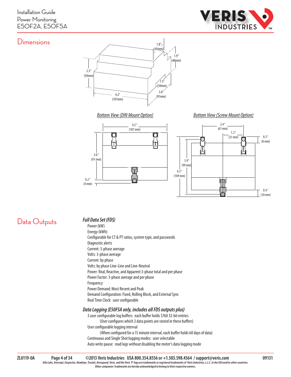 Dimensions, Data outputs, Full data set (fds) | Veris Industries E50F5A Install User Manual | Page 4 / 34