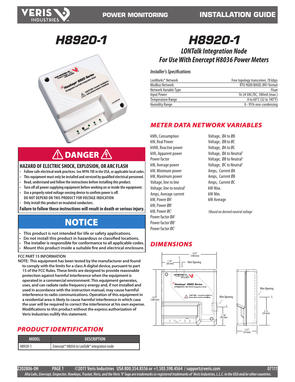 Veris Industries H8920-1 Install User Manual | 6 pages