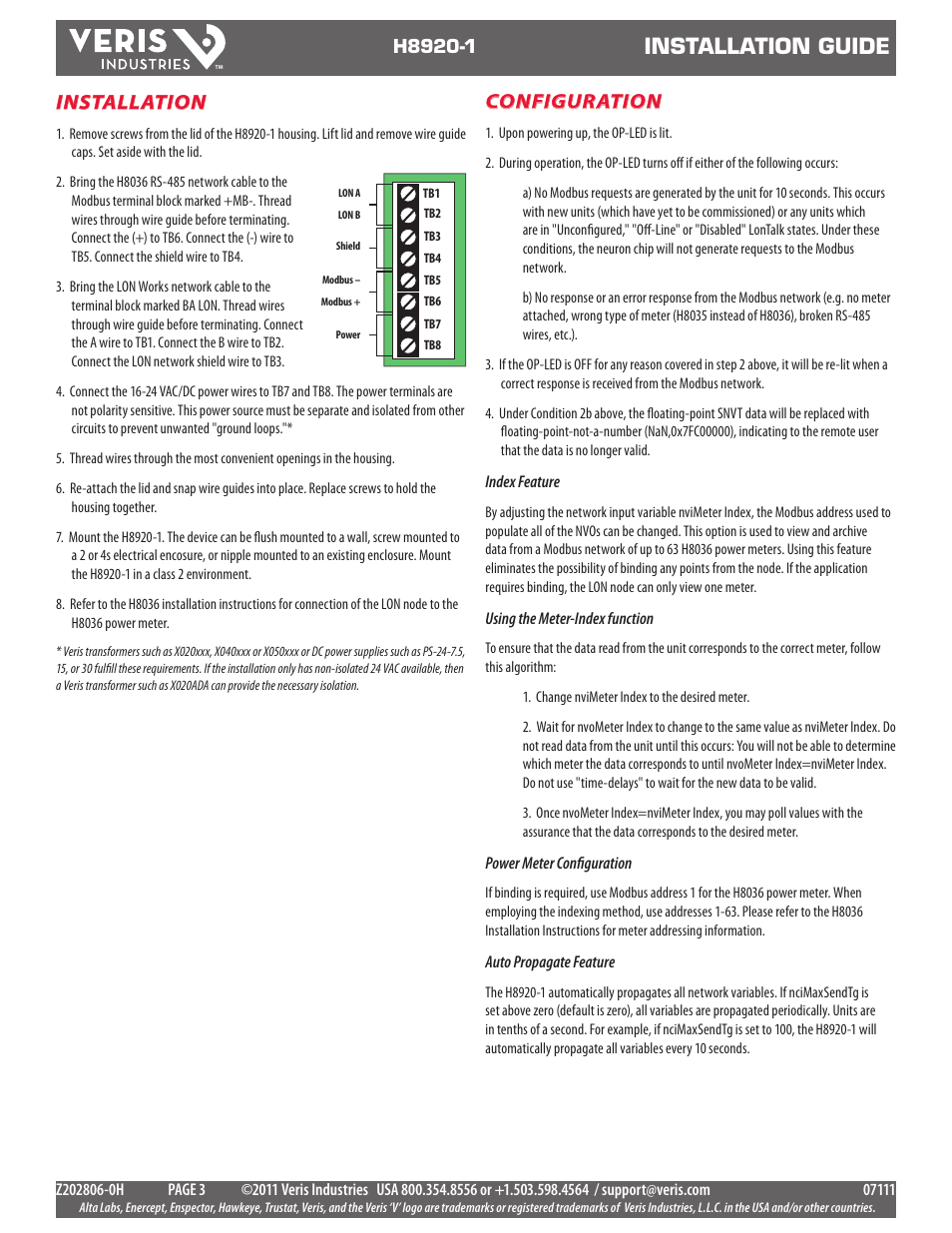 Installation guide, Installation, Configuration | Veris Industries H8920-1 Install User Manual | Page 3 / 6