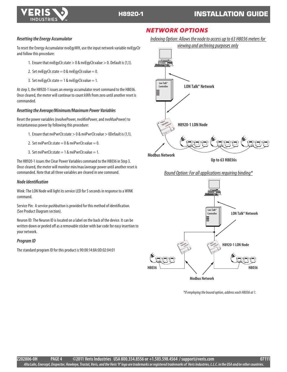 Installation guide, Network options | Veris Industries H8920-1 Install User Manual | Page 4 / 6