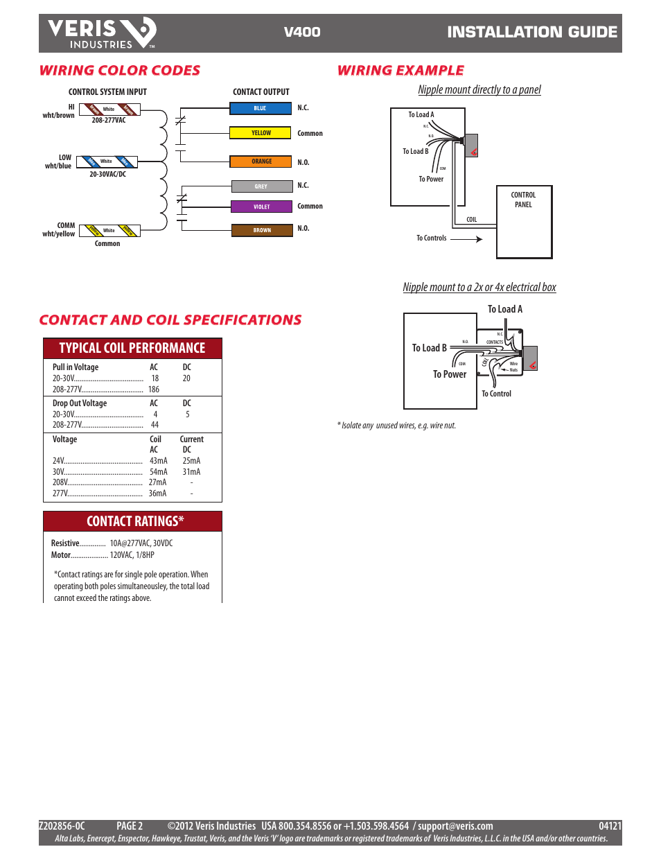 Installation guide, Typical coil performance contact ratings, Wiring example | Wiring color codes contact and coil specifications, V400 | Veris Industries V400 SERIES Install User Manual | Page 2 / 2