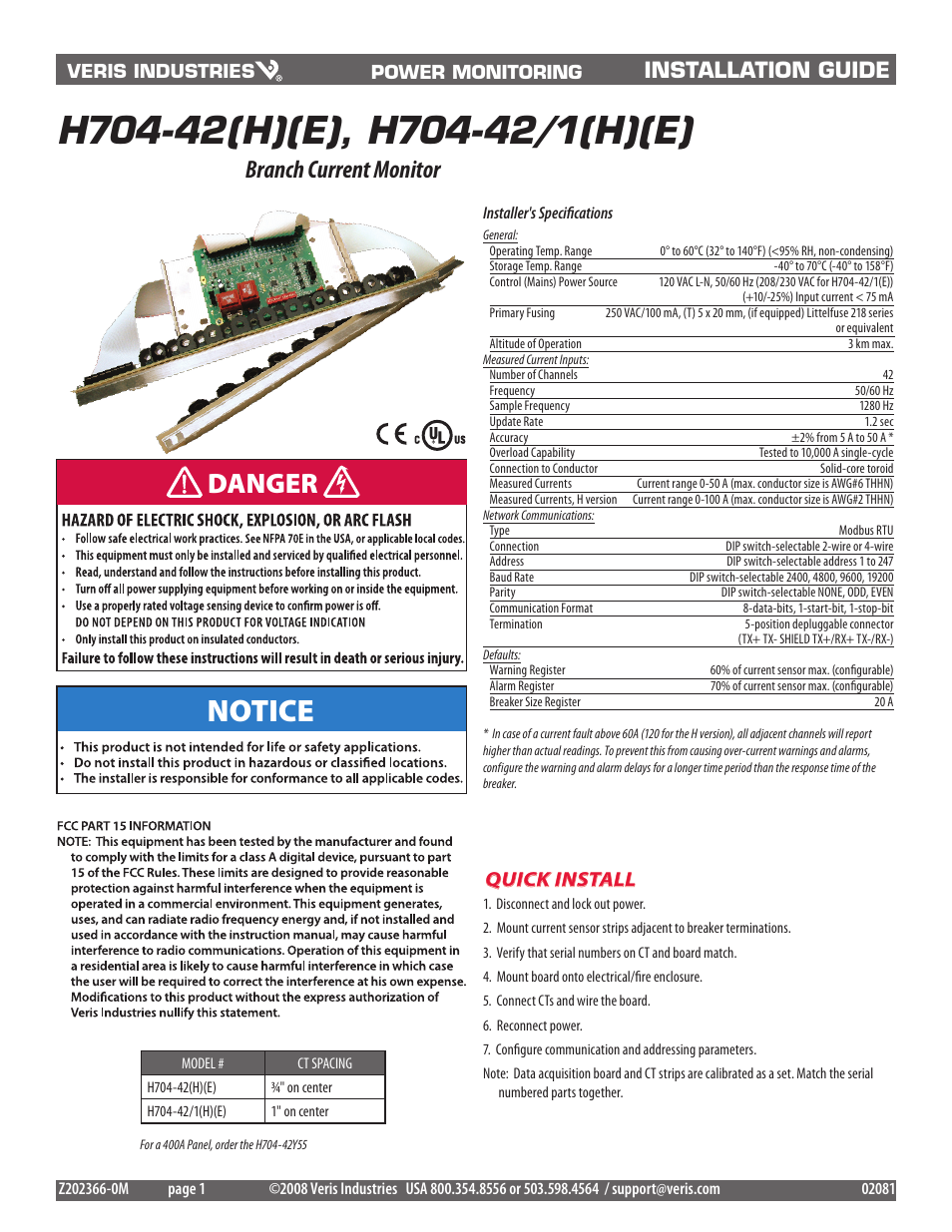 Veris Industries H704-42_1(H)(E) Install User Manual | 8 pages