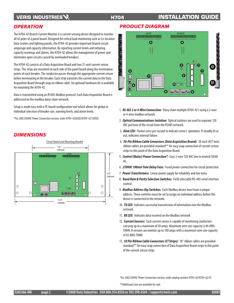 Installation guide, Operation product diagram dimensions | Veris Industries H704-42_1(H)(E) Install User Manual | Page 2 / 8