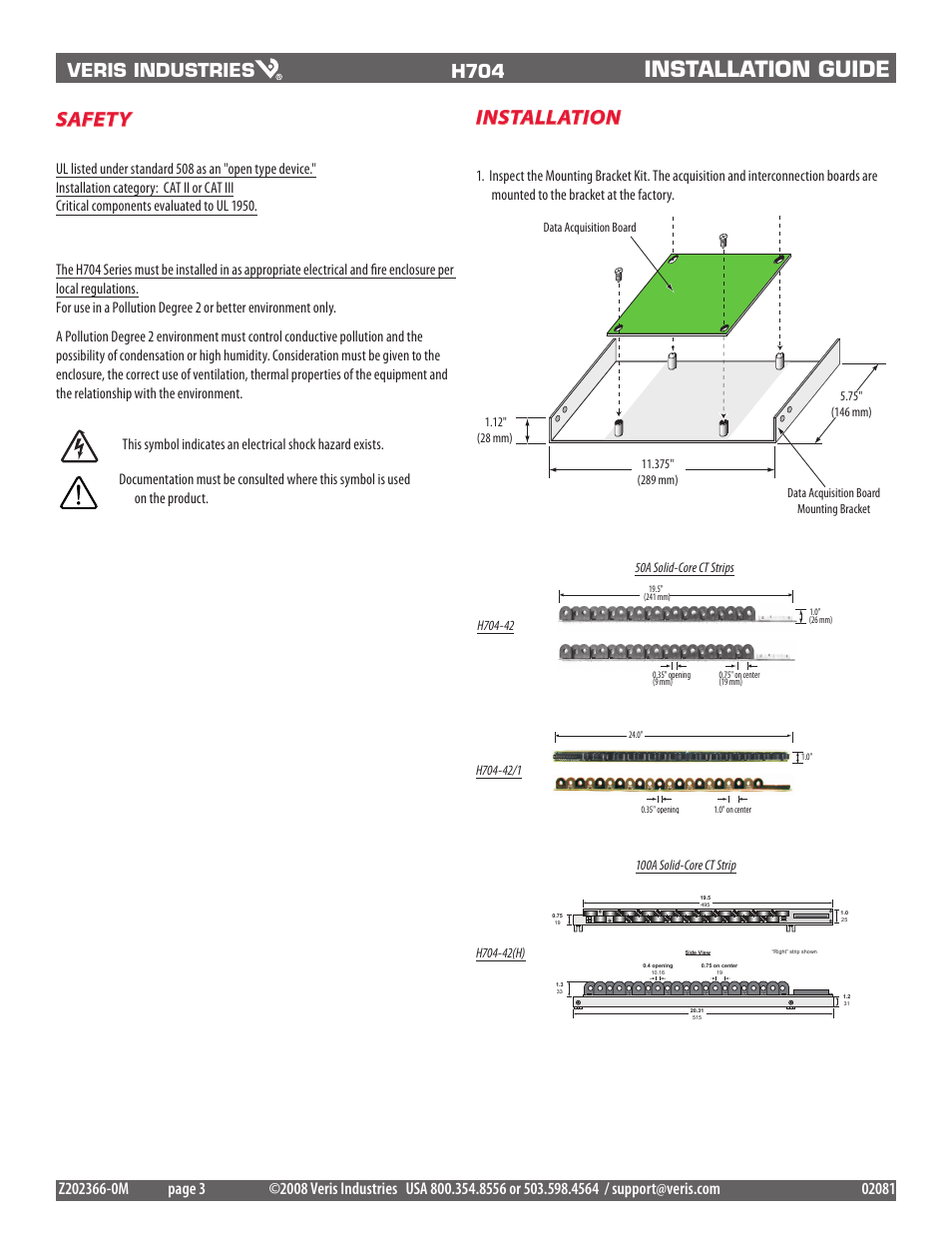 Installation guide, Safety, Installation | Veris Industries H704-42_1(H)(E) Install User Manual | Page 3 / 8