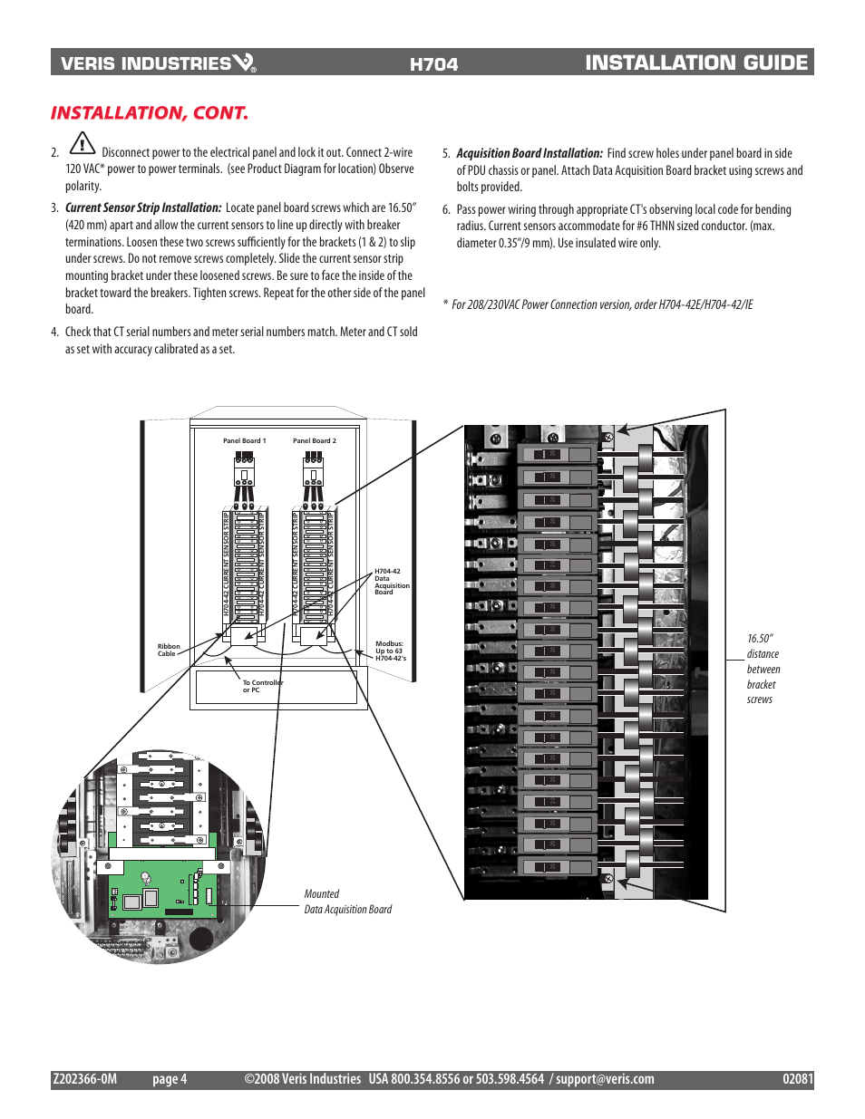 Installation guide, Installation, cont, Mounted data acquisition board | 50” distance between bracket screws | Veris Industries H704-42_1(H)(E) Install User Manual | Page 4 / 8