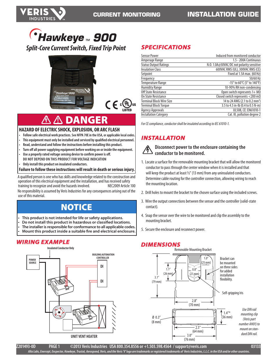 Veris Industries H900 Install User Manual | 2 pages