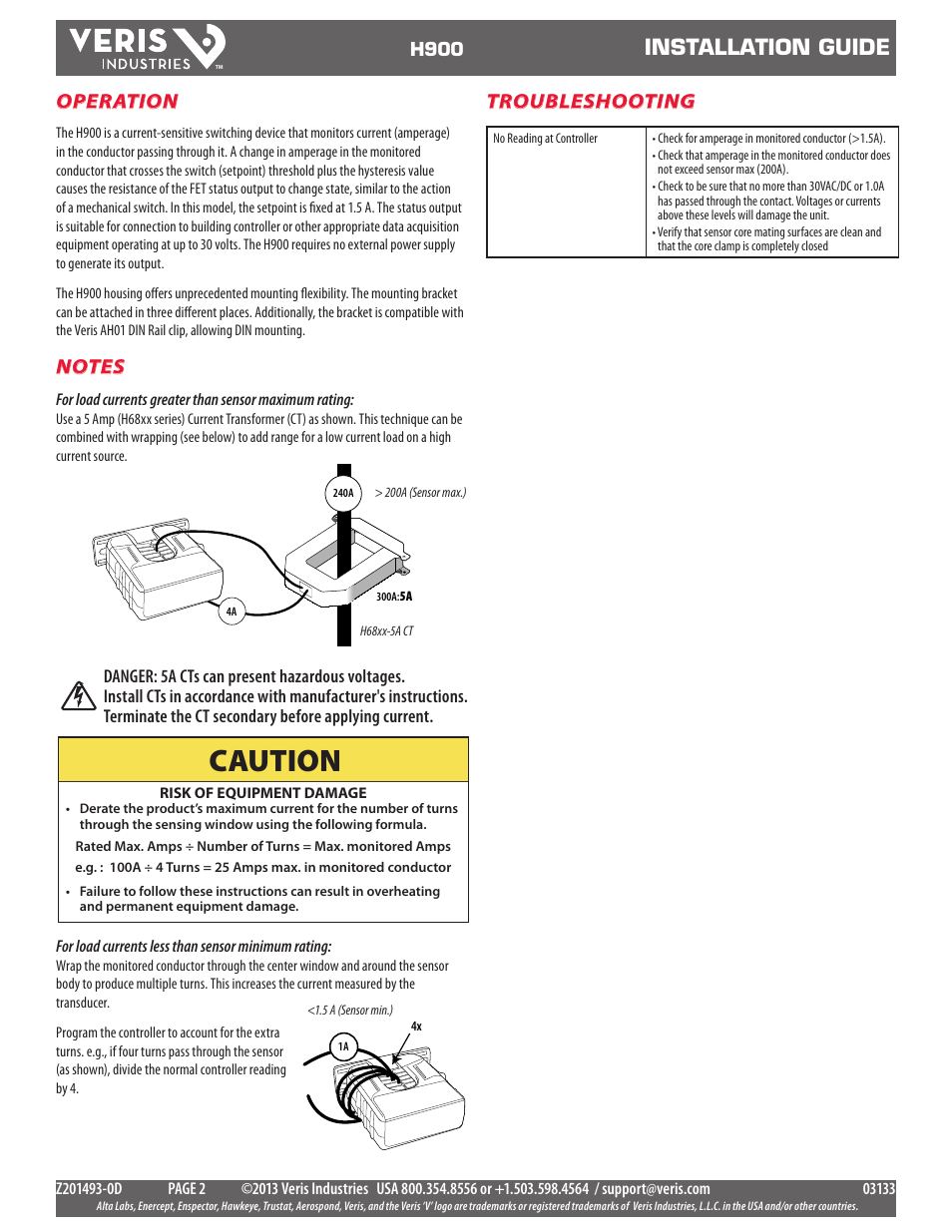 Caution, Installation guide, Operation | Troubleshooting | Veris Industries H900 Install User Manual | Page 2 / 2