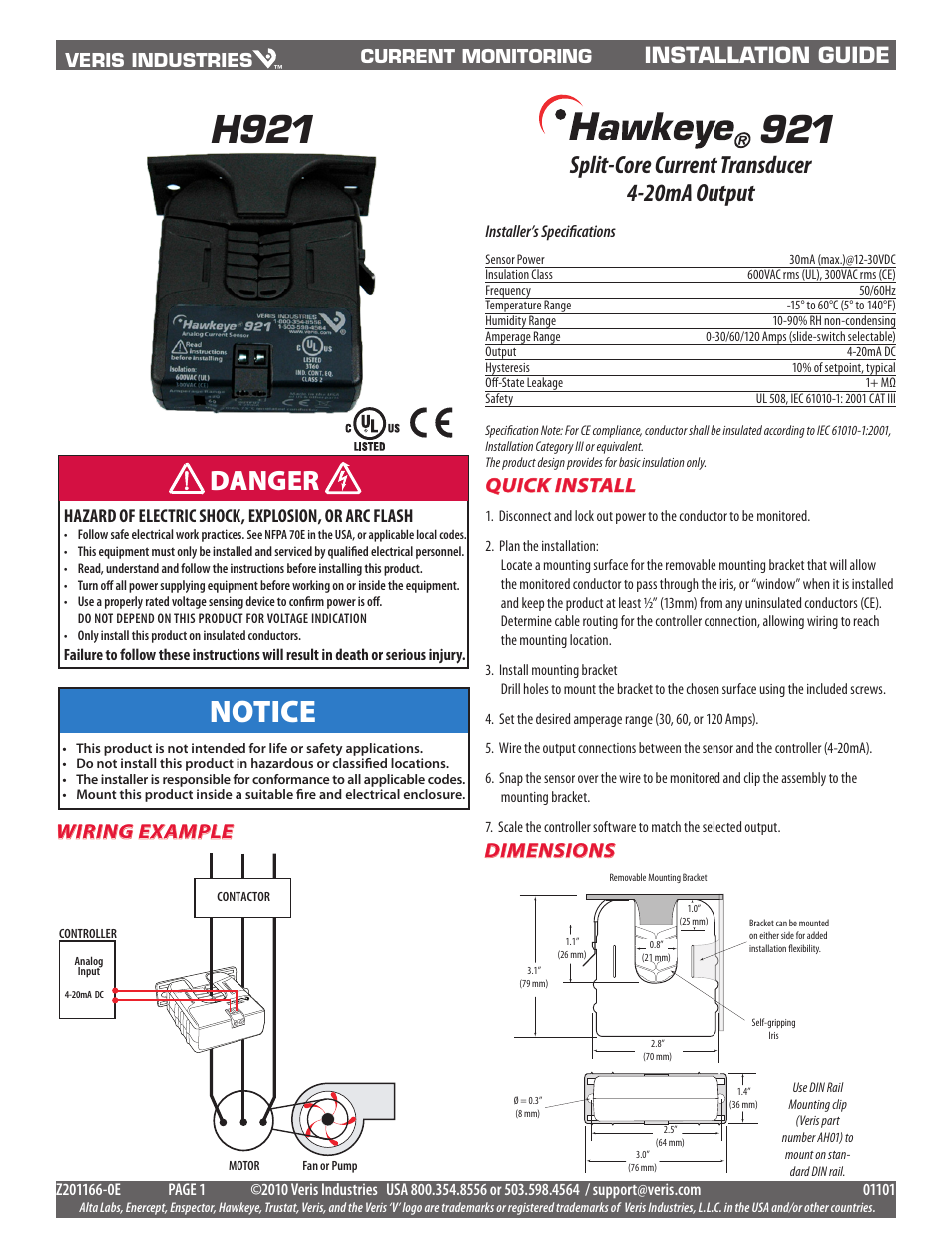 Veris Industries H921 Install User Manual | 2 pages