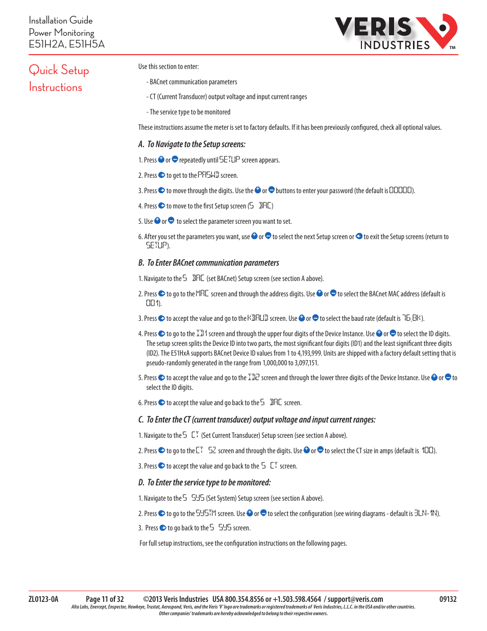 Quick setup instructions, A. to navigate to the setup screens, B. to enter bacnet communication parameters | D. to enter the service type to be monitored | Veris Industries E51H5A Install User Manual | Page 11 / 32