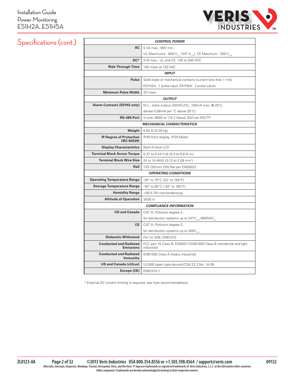 Specifications (cont.) | Veris Industries E51H5A Install User Manual | Page 2 / 32