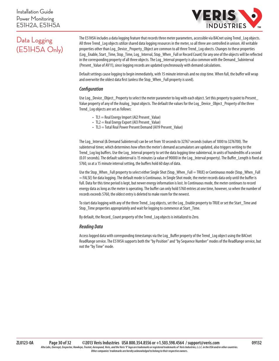 Data logging (e51h5a only) | Veris Industries E51H5A Install User Manual | Page 30 / 32