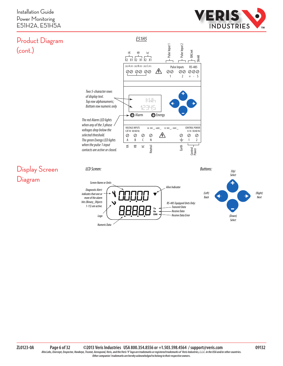 Display screen diagram product diagram (cont.), E51h5 | Veris Industries E51H5A Install User Manual | Page 6 / 32