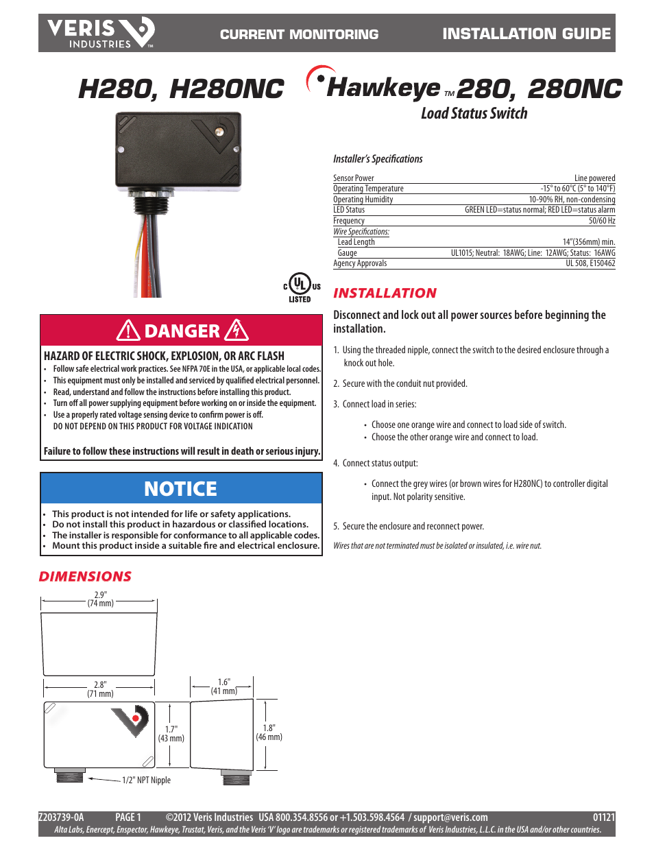 Veris Industries H280 Install User Manual | 2 pages
