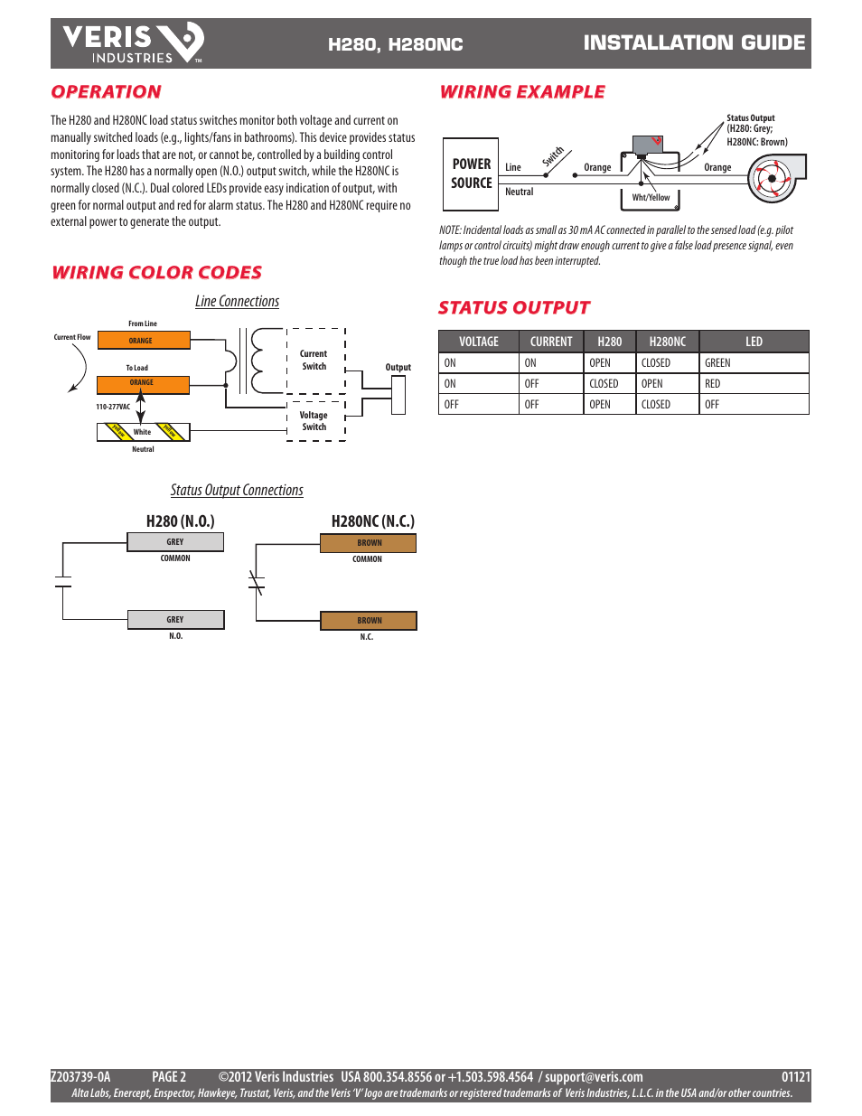 Installation guide, Operation, Wiring example wiring color codes | Status output, Status output connections line connections, Power source | Veris Industries H280 Install User Manual | Page 2 / 2