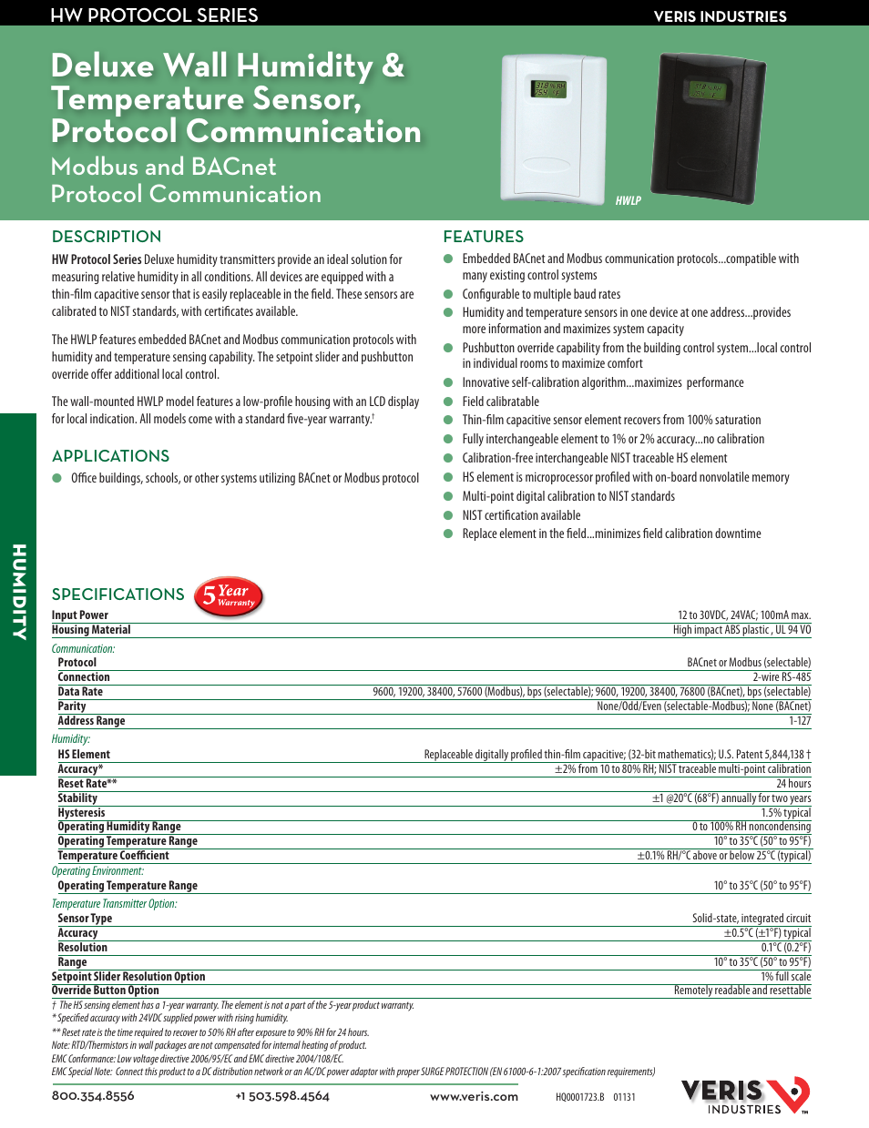 Veris Industries HW PROTOCOL SERIES Datasheet User Manual | 2 pages