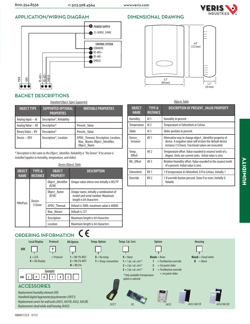 Hu midit y, Ordering information | Veris Industries HW PROTOCOL SERIES Datasheet User Manual | Page 2 / 2