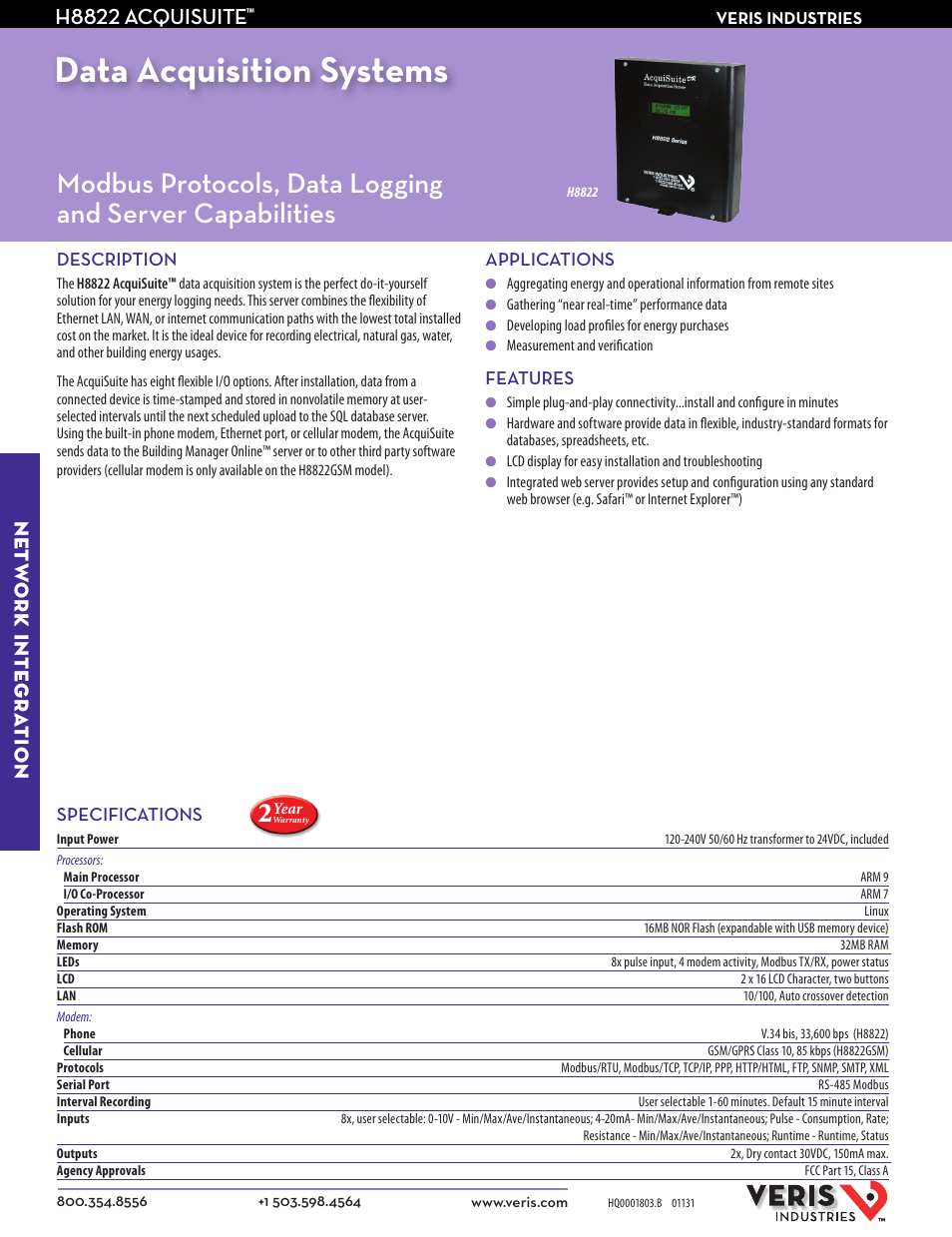 Veris Industries H8822 ACQUISUITE Datasheet User Manual | 2 pages