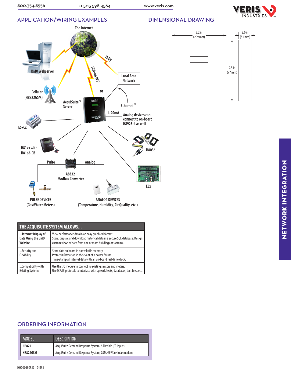 Net w ork inte gra tion, Application/wiring examples, Dimensional drawing ordering information | Veris Industries H8822 ACQUISUITE Datasheet User Manual | Page 2 / 2