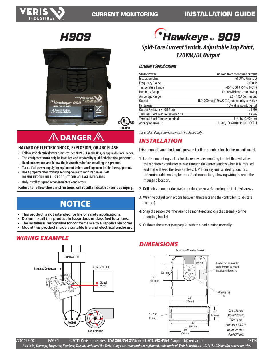 Veris Industries H909 Install User Manual | 2 pages