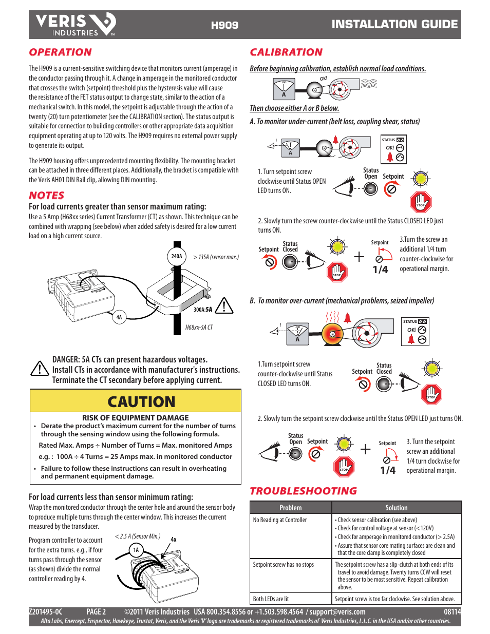 Caution, Installation guide, Operation | Calibration, H909, For load currents less than sensor minimum rating | Veris Industries H909 Install User Manual | Page 2 / 2