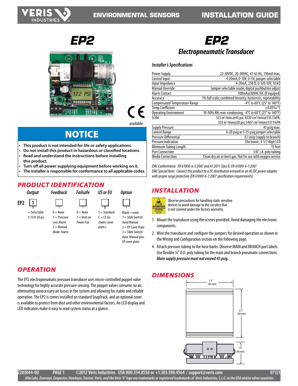 Veris Industries EP2 SERIES Install User Manual | 2 pages