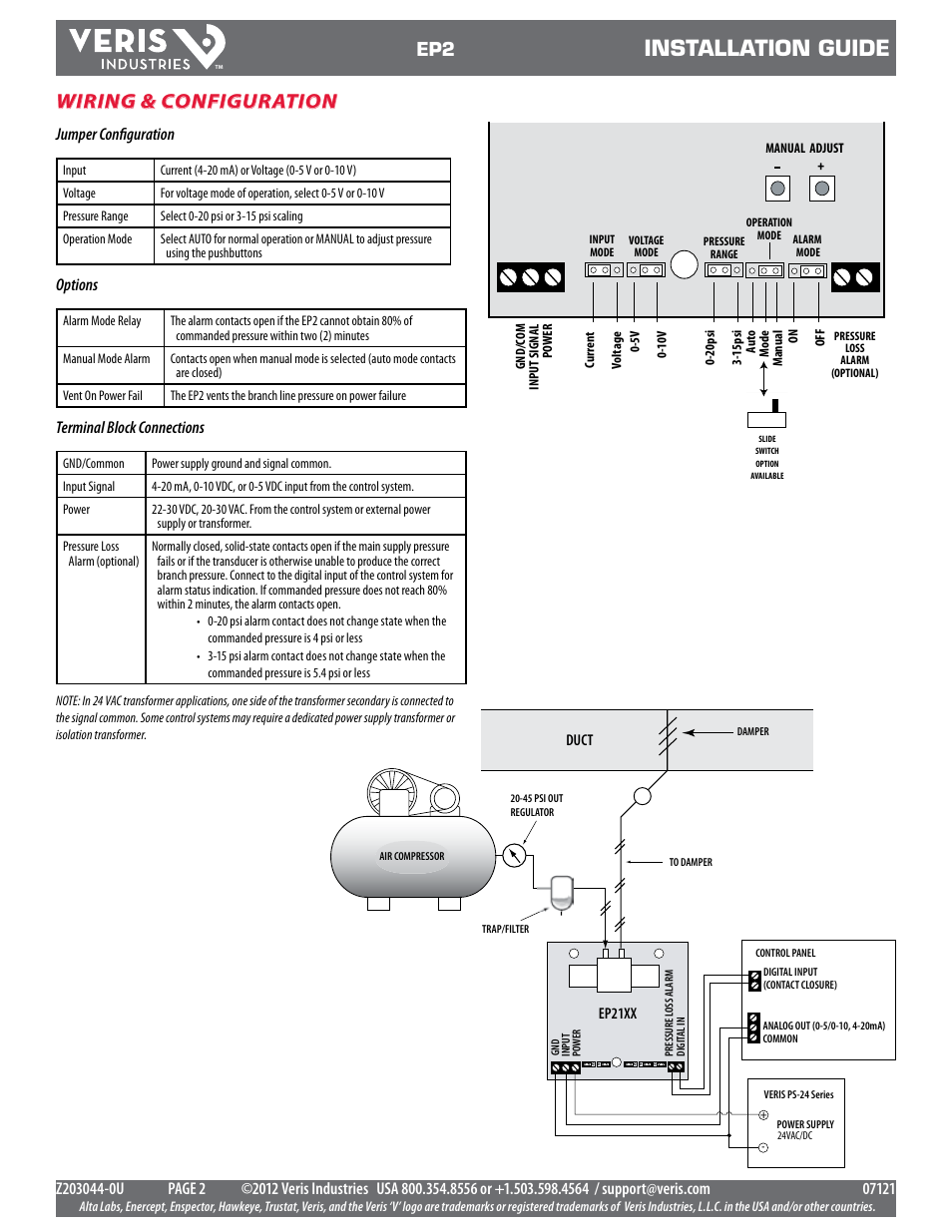 Installation guide, Wiring & configuration, Jumper configuration | Options, Terminal block connections | Veris Industries EP2 SERIES Install User Manual | Page 2 / 2